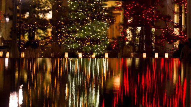 Les lumières de Noël se reflètent dans le bassin de Temple Square.